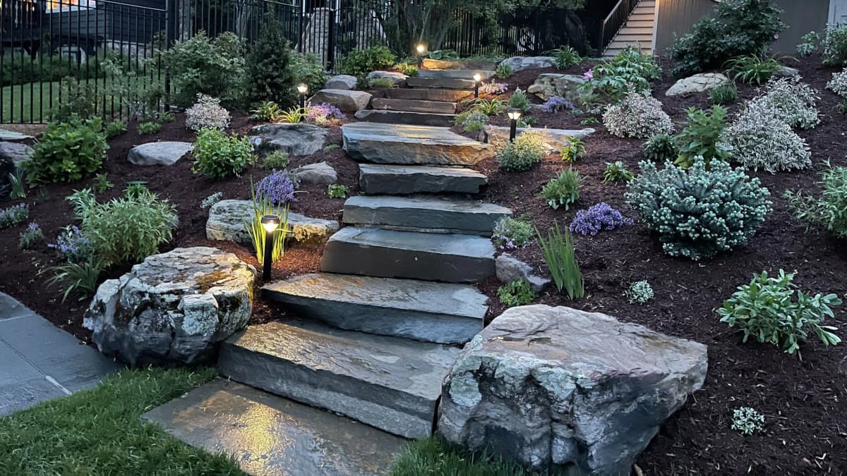 Stone steps with landscape lighting